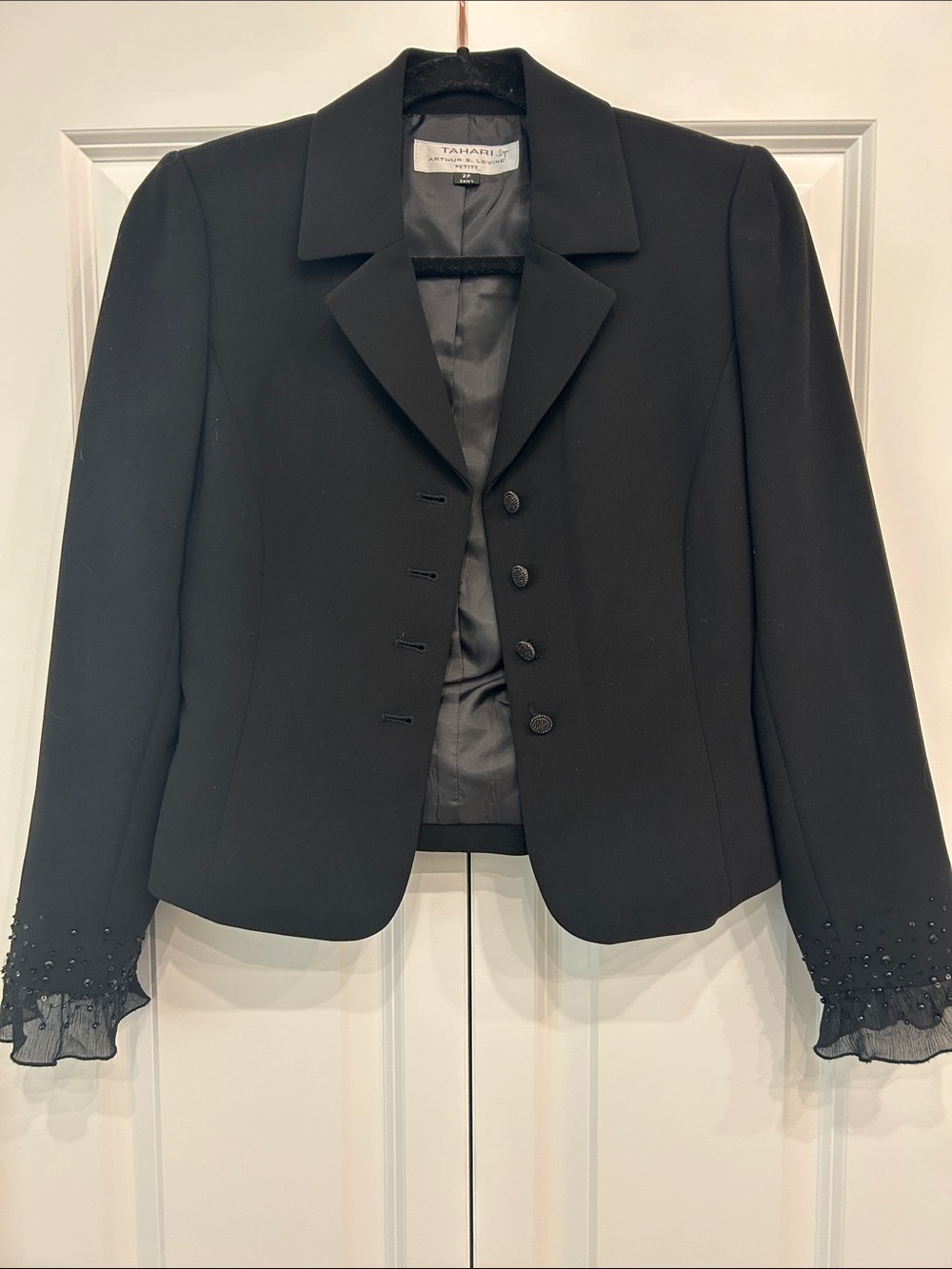Tahari ASL Black Blazer with Beaded Ruffle Cuffs